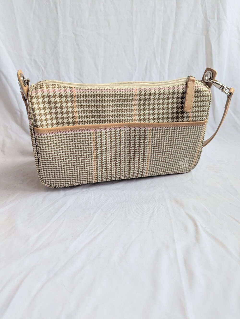 Lauren By Ralph Lauren Beige Houndstooth Canvas Crossbody Bag